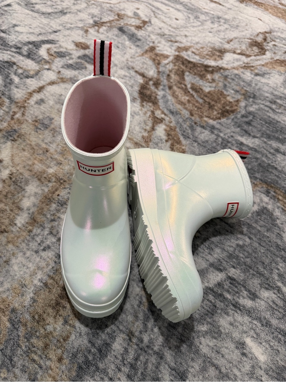 Hunter Iridescent White Chelsea Rain Boots with Pink Trim